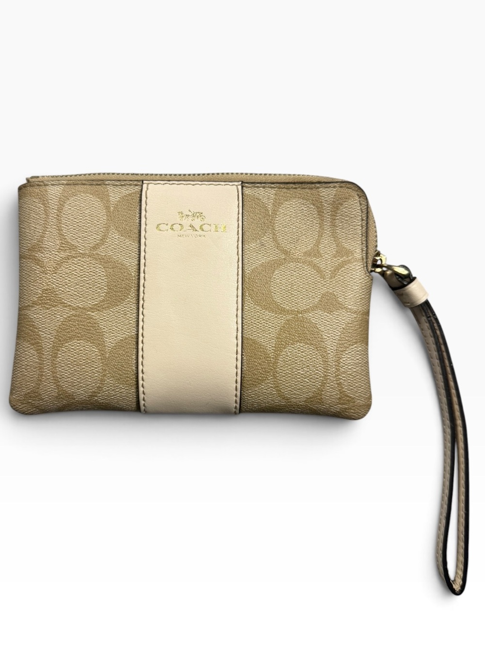 Coach Khaki Signature Canvas Wristlet Chalk Stripe Work Travel Gift Ready Wallet